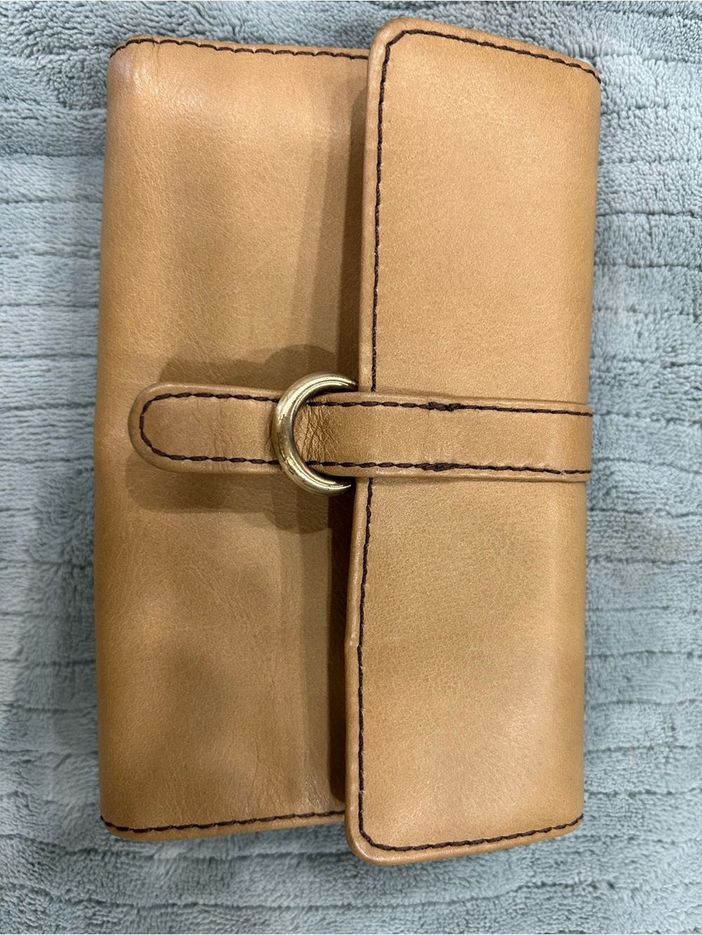 HOBO Tan Leather Fold-Over Wallet with Gold Ring Strap